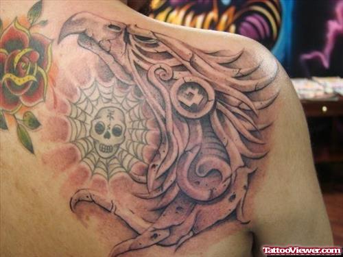 Red Rose, Spider Web And Grey Ink Aztec 3D  Eagle Tattoo
