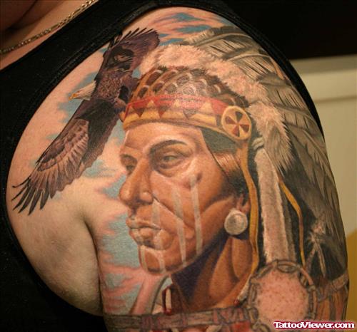 Realistic Native With Eagle Tattoo On Shoulder