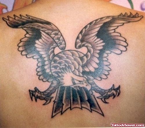Grey Ink Flying Eagle Tattoo On Upperback