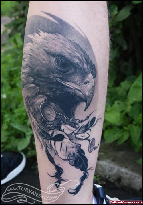 Grey Ink Eagle Head Tattoo On Leg
