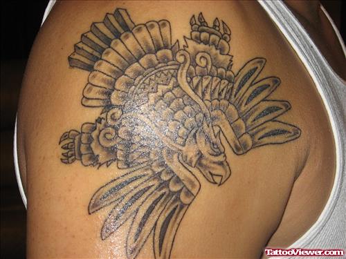 Grey Ink Aztec Eagle Tattoo On Right Shoulder