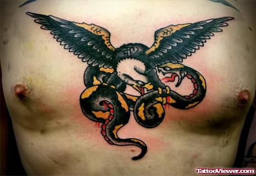 Snake And Eagle Tattoo On Chest