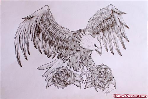 Rose Flowers And Eagle Tattoo Design