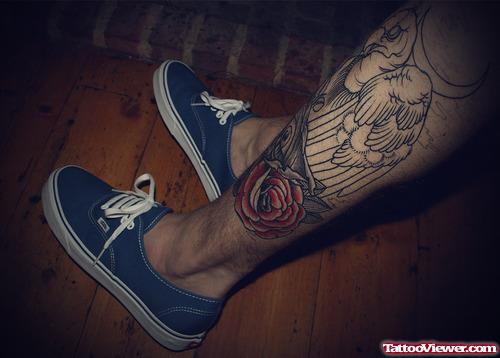 Red Rose and Eagle Tattoo On Left Leg
