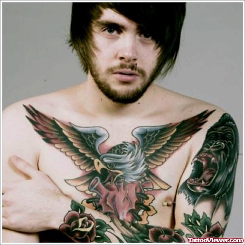 Guy Have Colored Eagle Tattoo On Chest