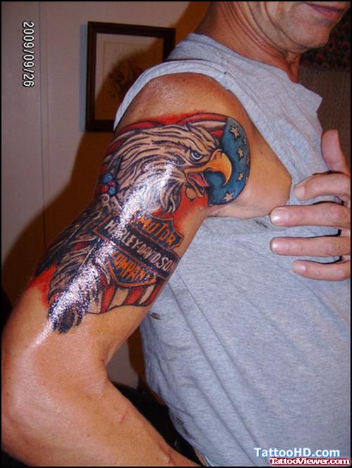 Colored Right Half Sleeve Eagle Tattoo