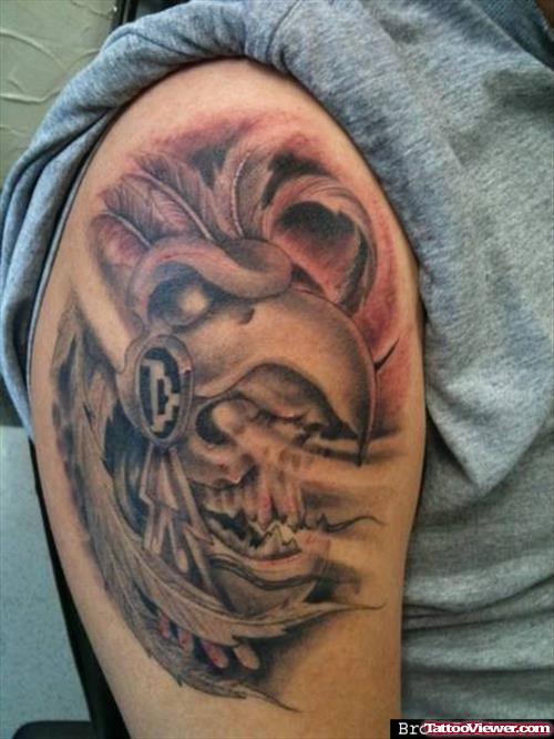 Grey Ink Aztec Eagle Tattoo On Half Sleeve