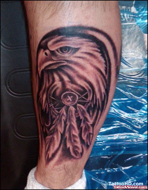 German Grey Ink Eagle Tattoo On Leg