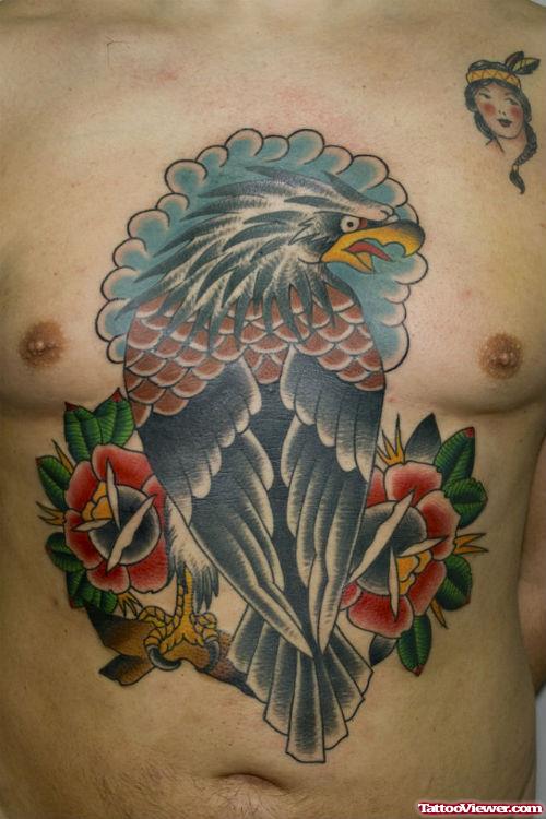 Eagle And Rose Flowers Chest Tattoo