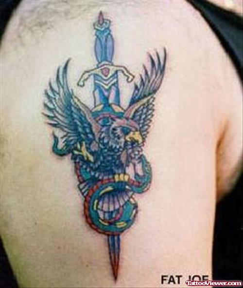 Dagger And Eagle Tattoo On shoulder