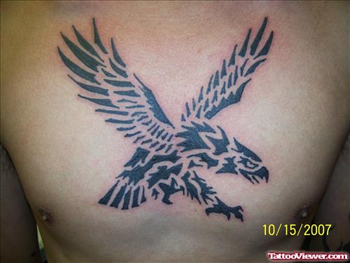 Black Tribal Eagle Tattoo On Chest