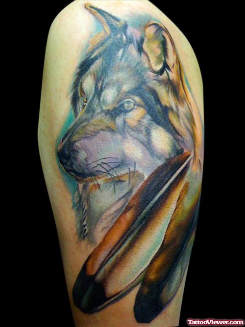 Wolf Head And Eagle Feather Tattoo On Half Sleeve