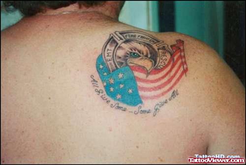 Us Flag And Eagle Tattoo On Right Back Shoulder