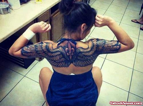 Large Wings Eagle Tattoo On Upperback