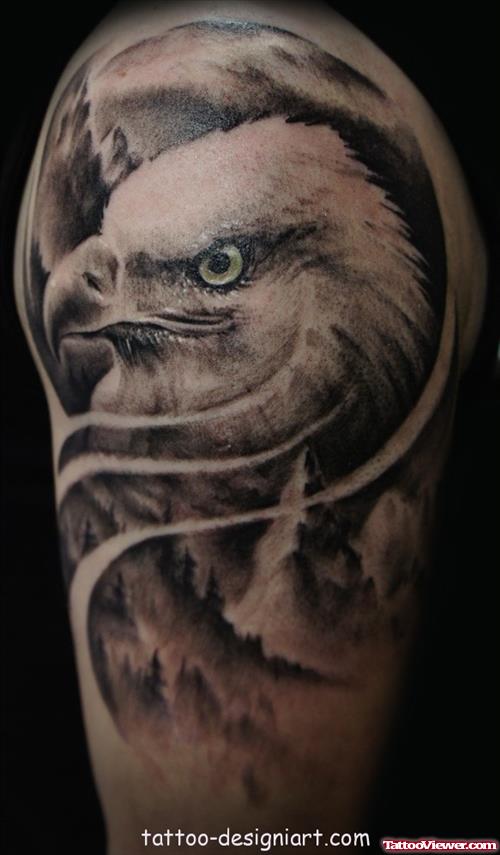 Grey Ink Eagle Tattoo On Half Sleeve
