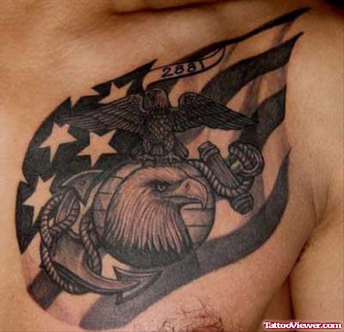 Grey Ink Anchor and American Eagle Tattoo On Chest