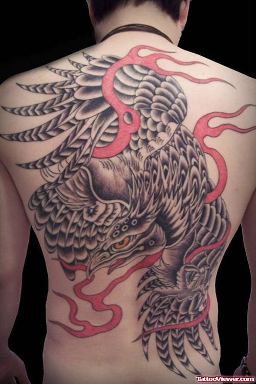 Flames And Eagle Tattoo On Back
