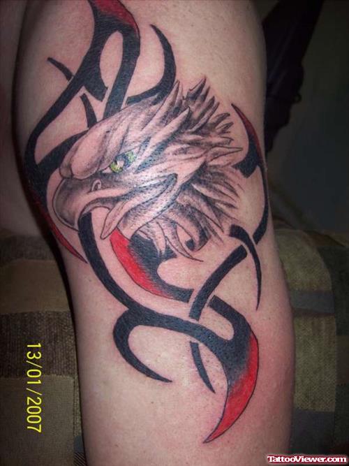 Eagle Head And Tribal Tattoo On Left Half Sleeve