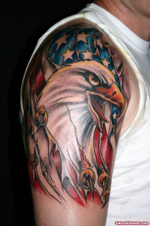 Eagle Head And Us Flag Colored Tattoo On Half Sleeve
