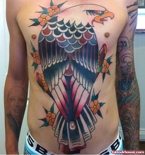 Eagle And Yellow Flowers Tattoos On Man Chest