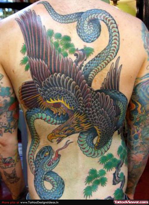 Colored Ink Snake and Eagle Fight Tattoo