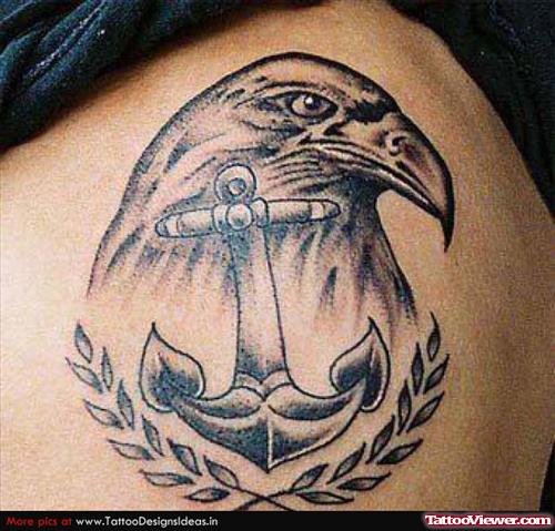 Classic Grey Ink Anchor And Eagle Head Tattoo