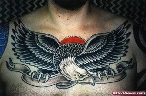 Eagle With Banner Tattoo On Man Chest