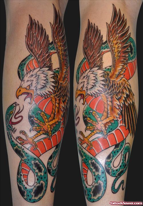 Colored Snake And Eagle Tattoo On Sleeve