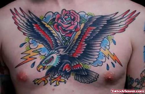 Rose And Eagle Tattoo On Chest