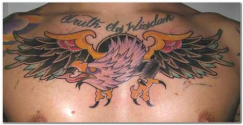 Truth Is Wisdom Eagle Tattoo On Man Chest