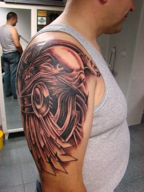 Grey Ink Eagle Tattoo on Right Half Sleeve