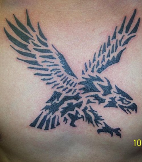 Black Tribal Eagle Chest Tattoo