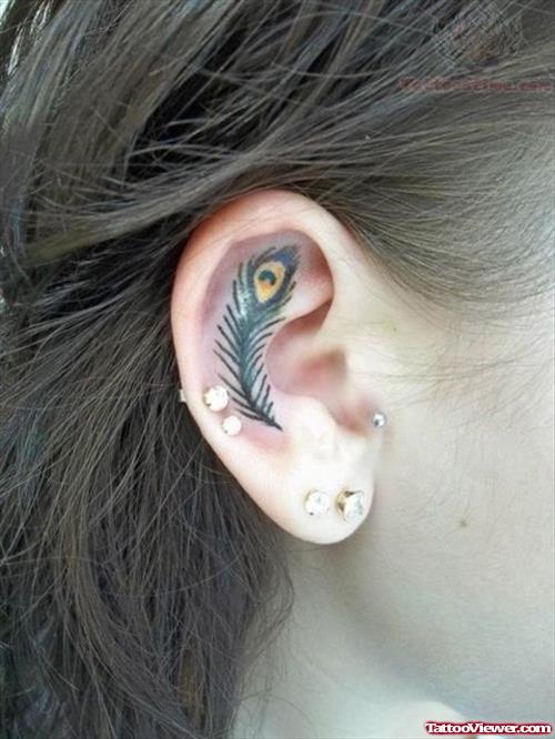 Color Ink Peacock Feather Ear Tattoo