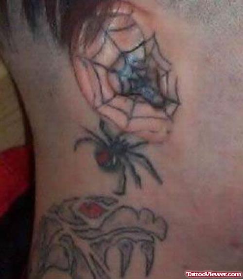 Spider Web And Spider Tattoo On Ear