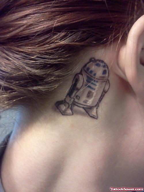 Grey Ink Robot Behind Ear Tattoo