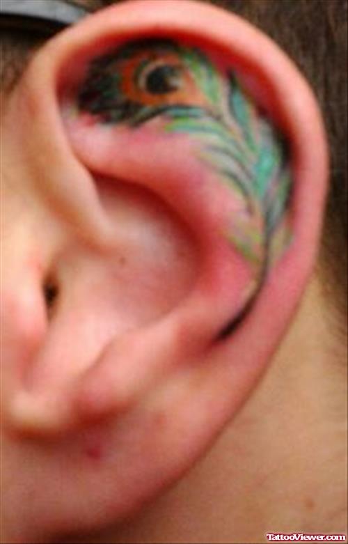 Peacock Feather Colored Ear Tattoo