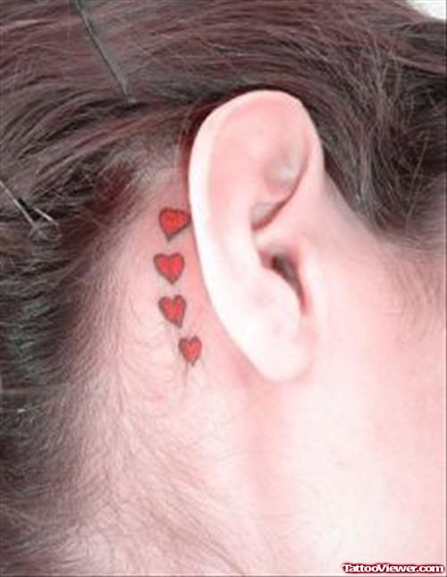 Tiny Red Hearts Back Ear Tattoo