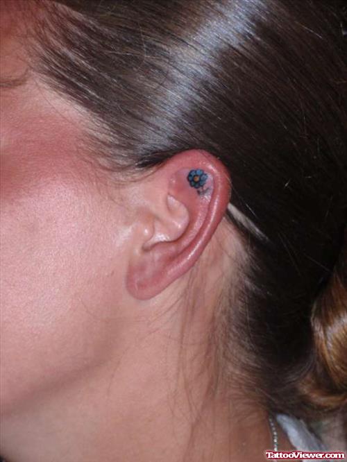 Tiny Blue Flower Ear Tattoo For Girls