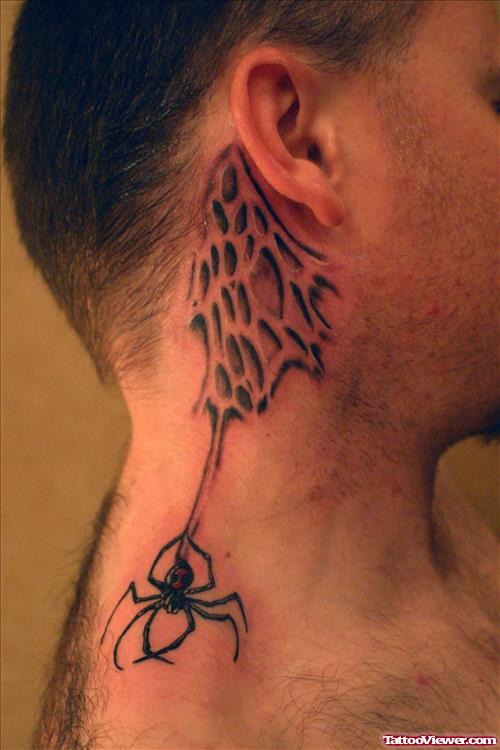 Spider And Spider Web Ear Tattoo