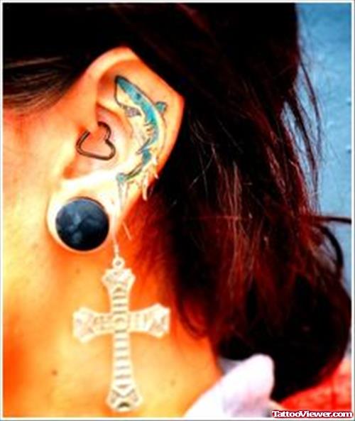 Colored Shark Ear Tattoo