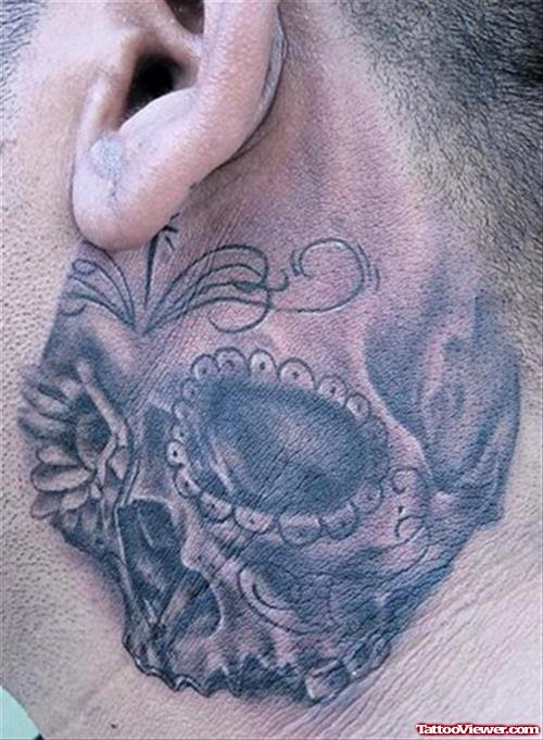 Grey Ink Large Skull Below Ear Tattoo