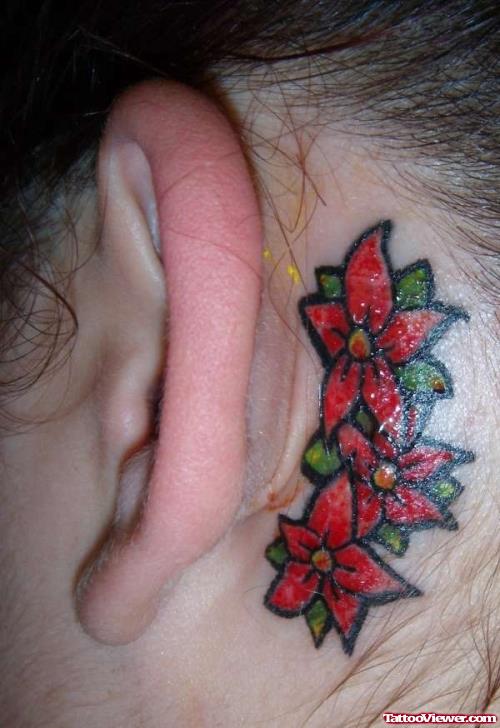 Red Cherry Blossom Flower Ear Tattoo