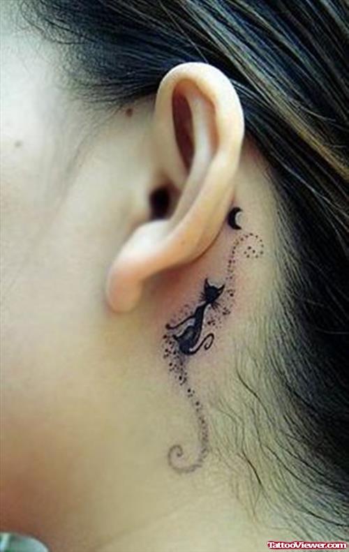 Moon And Black Cat Behind Ear Tattoo