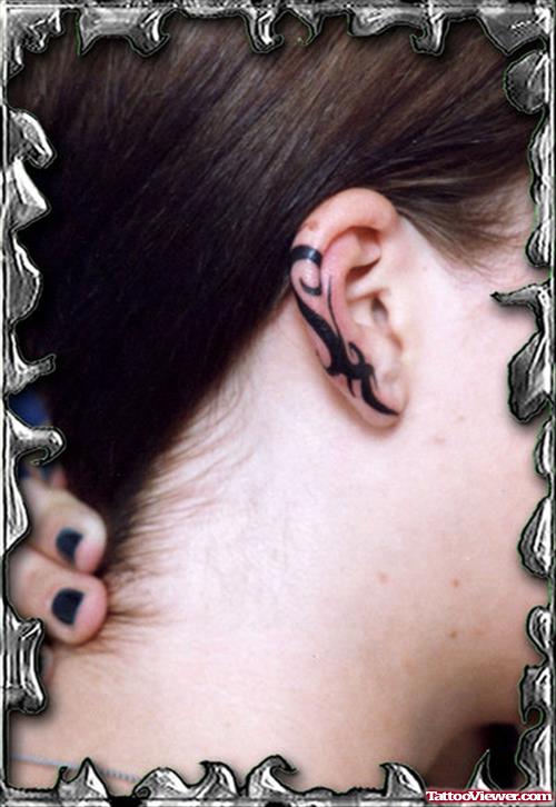 Black Ink Tribal Ear Tattoo For Girls