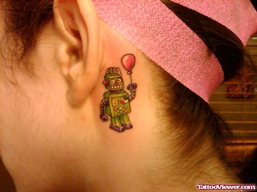 Robot With Balloon Behind Ear Tattoo