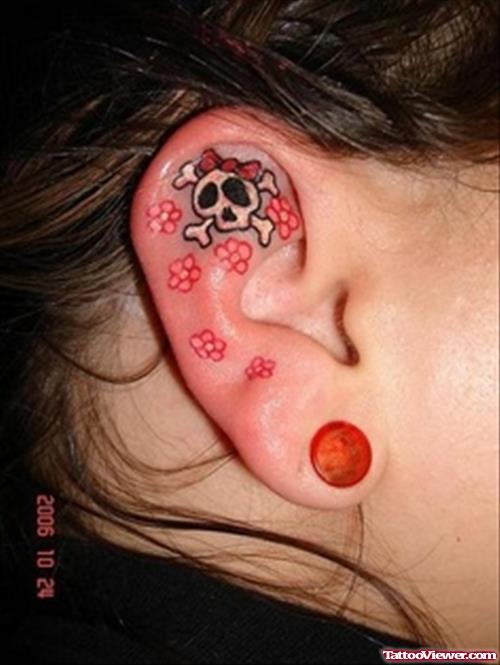 Pirate Skull And Flowers Right Ear Tattoo