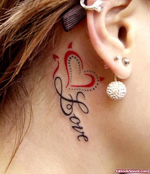 Heart And Love Behind Ear Tattoo