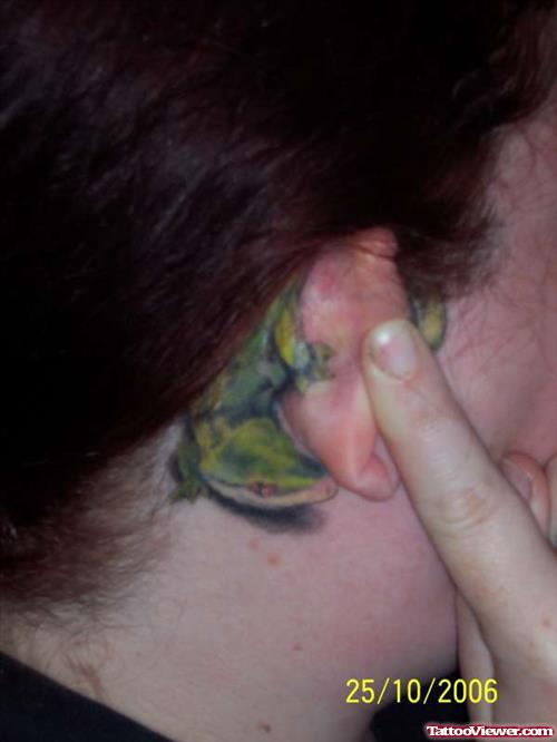 Green Ink Gecko Back Ear Tattoo