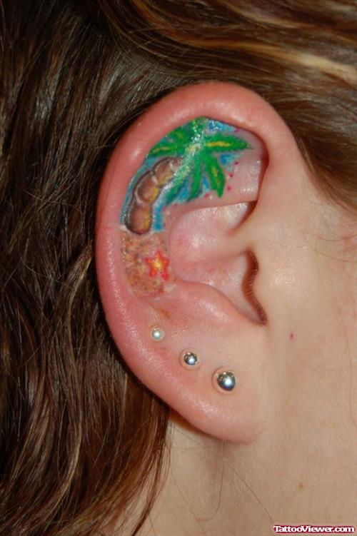 Color Ink Palm Tree Ear Tattoo