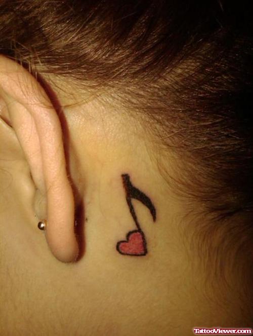 Music Note With Heart Back Ear Tattoo